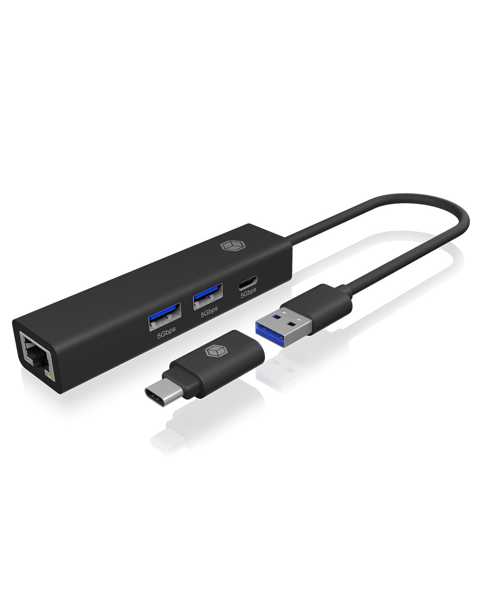 IcyBox USB 3.2 Gen1 4-in-1 Hub & Gigabit LAN Adapter (Retail)
