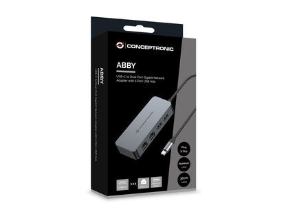 CONCEPTRONIC USB-C to 2x Gigabit Ethernet + 2x USB-A 3.2 Adapter, 5 Gbps, 0.30 m, Gray