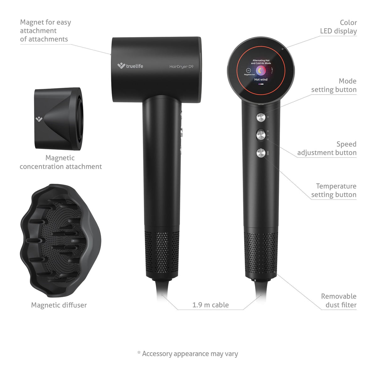 TrueLife HairDryer D9 hair dryer 1600 W Black