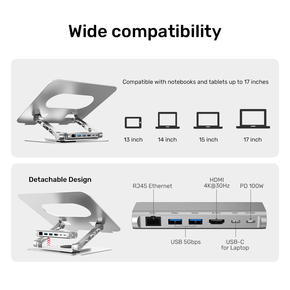 Adjustable laptop stand + USB-C HDMI hub Unitek D1109B01 PD 100W