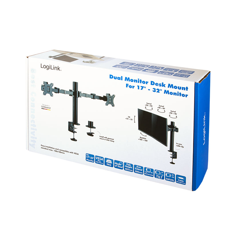 LogiLink TIS 17"–32" Dual TFT 3-Joint Monitor Arm, Black, Max 12 kg, Hole Mount