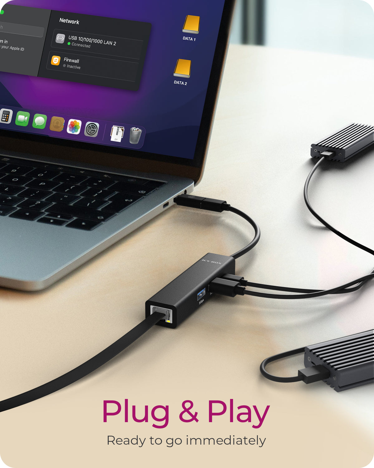 IcyBox USB 3.2 Gen1 4-in-1 Hub & Gigabit LAN Adapter (Retail)