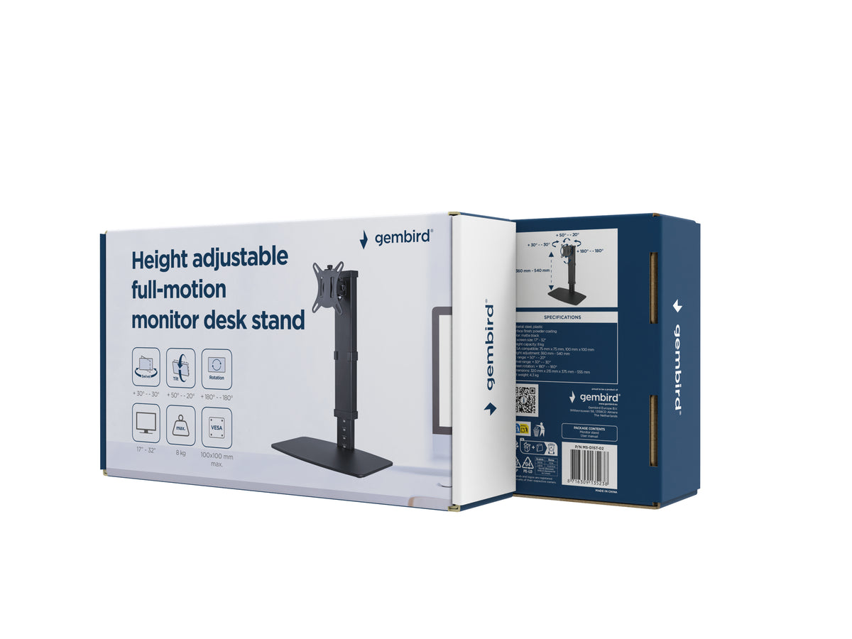 Gembird MS-D1ST-02 Height adjustable full-motion monitor desk stand, 17"-32", black