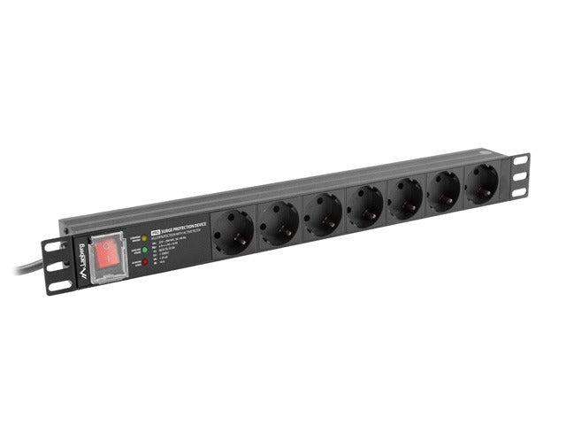 LANBERG 19" Rack Power Strip PDU (1U, 16A, 7x Schuko Outlets, 2m Cable)