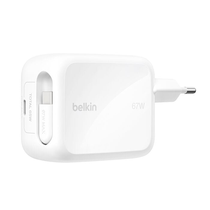 Belkin BOOST Charge Pro 67W Dual GaN Charger with Retractable Cable, White WCH022kqWH