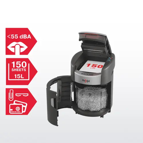 Rexel ShredMax AutoFeed+ 150X paper shredder, P4, 150 sheets, 15-litre waste bin