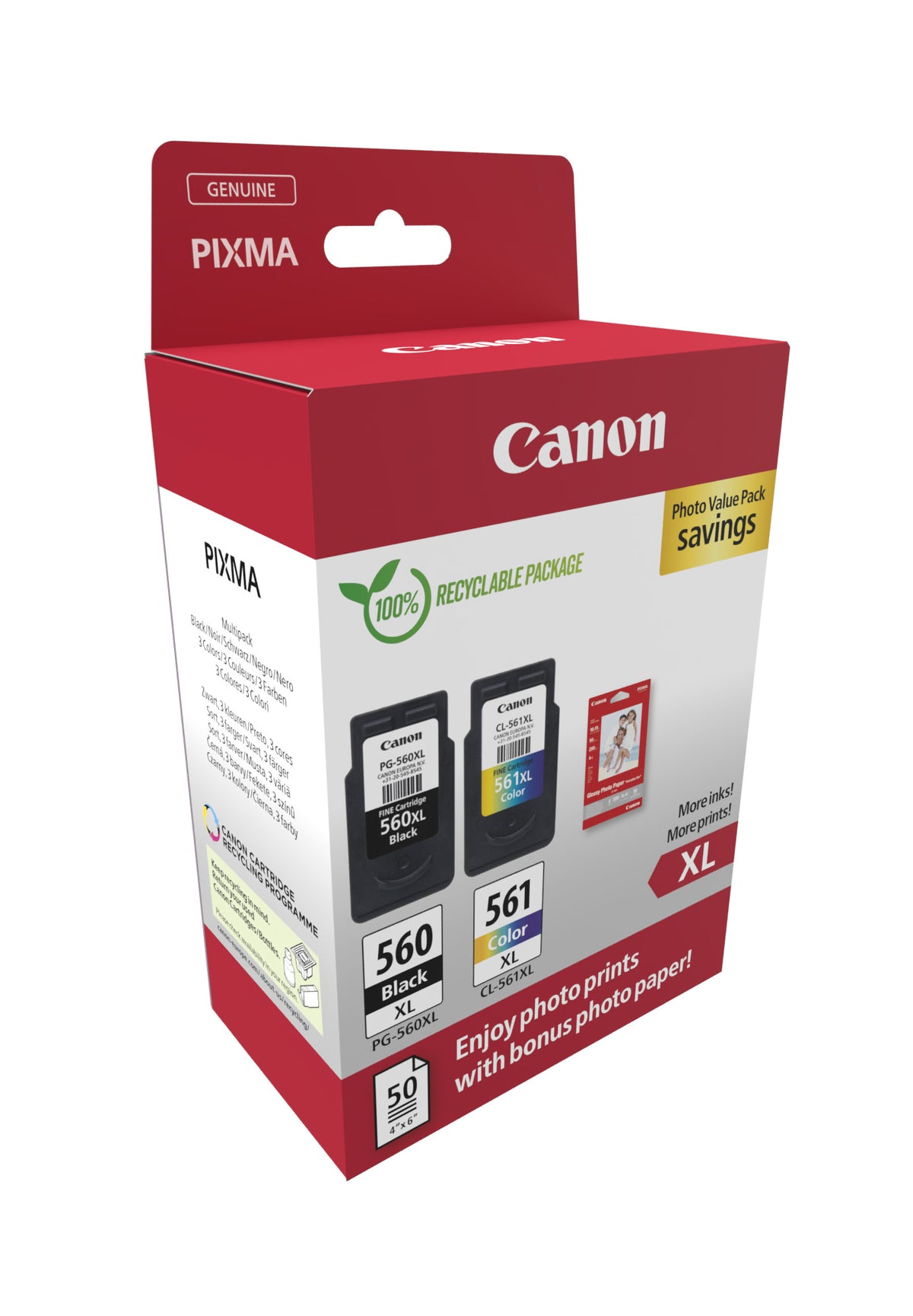 Canon PG-560XL + CL-561XL Ink Cartridges with 50x10x15cm Photo Paper