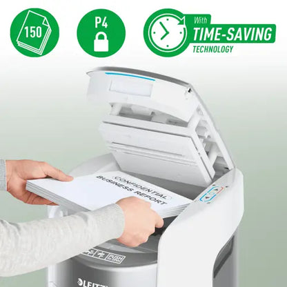 Leitz IQ Optimax AutoFeed 150 Paper Shredder, P4, 150-sheet Auto-Feed, 15 L Bin