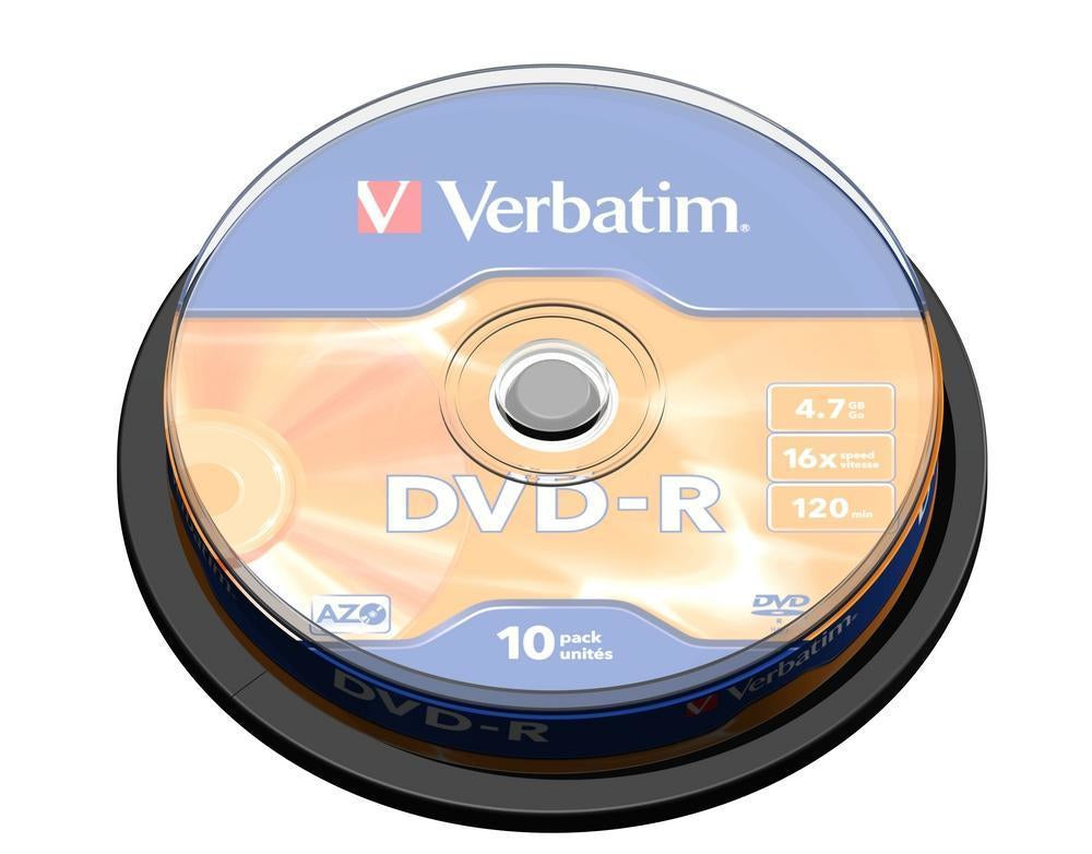 1x10 Verbatim DVD-R 4,7GB 16x Speed, matt silver Cakebox