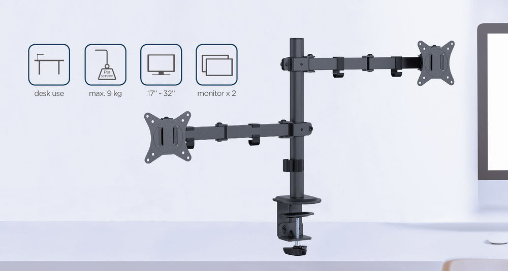 Gembird MA-D2-03 Adjustable desk mounted double monitor arm, 17”-32”, black