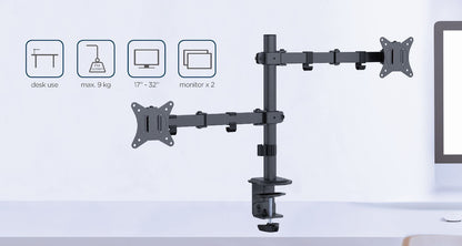 Gembird MA-D2-03 Adjustable desk mounted double monitor arm, 17”-32”, black