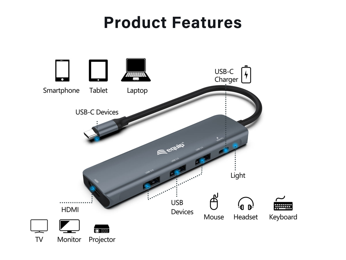 Equip Dock  5-1 USB-C->HDMI,3xUSB-A,100W USB-C         0.25m