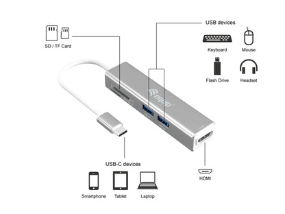 Equip Adapter USB-C->HDMI/2xUSB3.0/SD/TF 4K/ 30Hz 0.15m Alu.