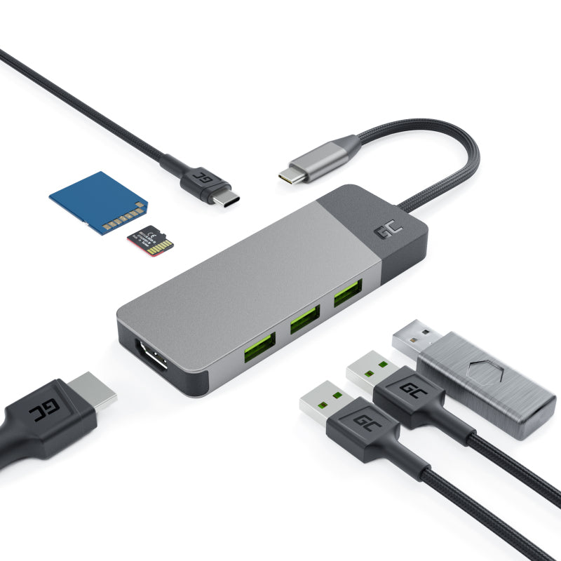 GREEN CELL HUB USB-C ADAPTER GC CONNECT 7W1 (3XUSB 3.1, HDMI 4K 60HZ, USB-C PD 85W, MICROSD/SD)