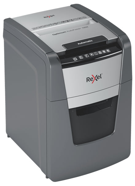 Αυτόματος καταστροφέας εγγράφων Rexel AutoFeed+ 100X, κλάση P-4, τεμαχισμός σε μικρά τετράγωνα (4x28 χιλ.), χωρητικότητα 100 φύλλα, κάδος 34 λίτρων