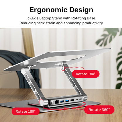 Adjustable laptop stand + USB-C HDMI hub Unitek D1109B01 PD 100W