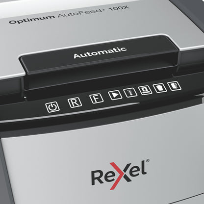 Αυτόματος καταστροφέας εγγράφων Rexel AutoFeed+ 100X, κλάση P-4, τεμαχισμός σε μικρά τετράγωνα (4x28 χιλ.), χωρητικότητα 100 φύλλα, κάδος 34 λίτρων