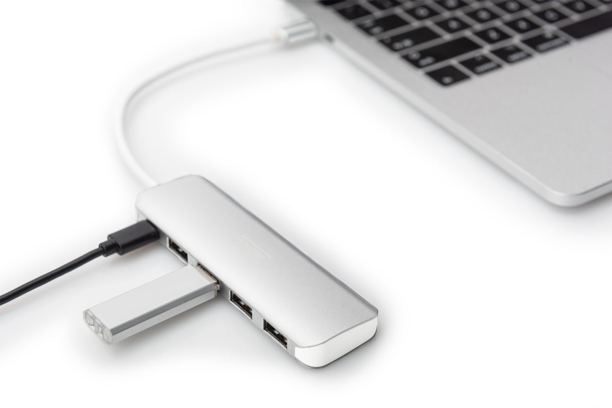 DIGITUS USB-C-Hub  4-Port 3.0->4xA3.0 1xC-PD intgr.Kabel wei