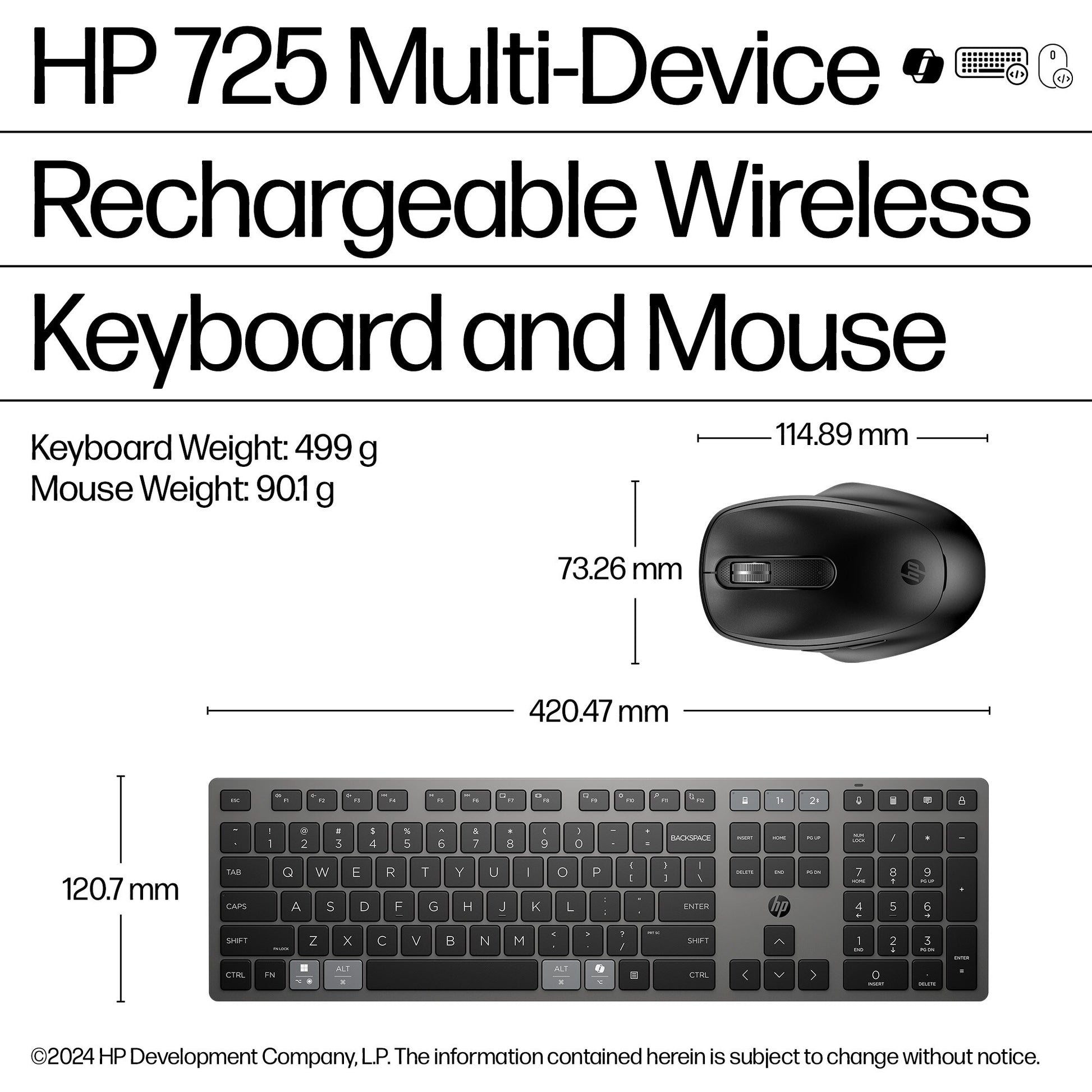 HP 720 Multi-Device Rechargeable Wireless Keyboard and Mouse Combo