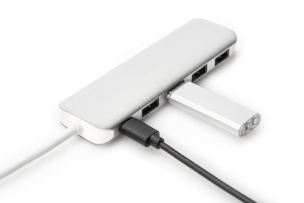 DIGITUS USB-C-Hub  4-Port 3.0->4xA3.0 1xC-PD intgr.Kabel wei