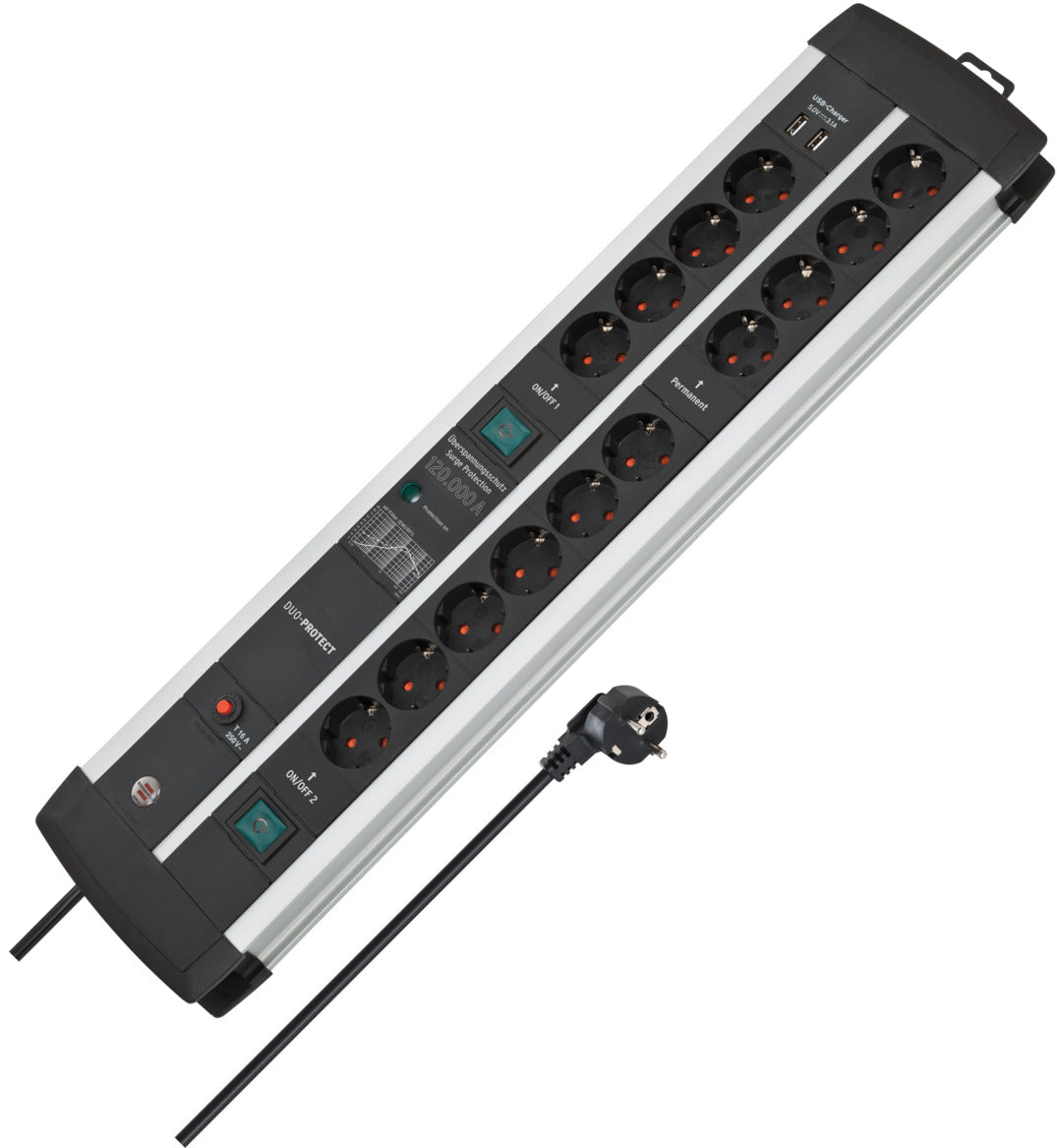 Brennenstuhl Premium-Protect-Line Steckdosenleiste 14-fach Duo (schwarz/silber, 3 Meter, 120.000A Überspannungsschutz, 2x USB)