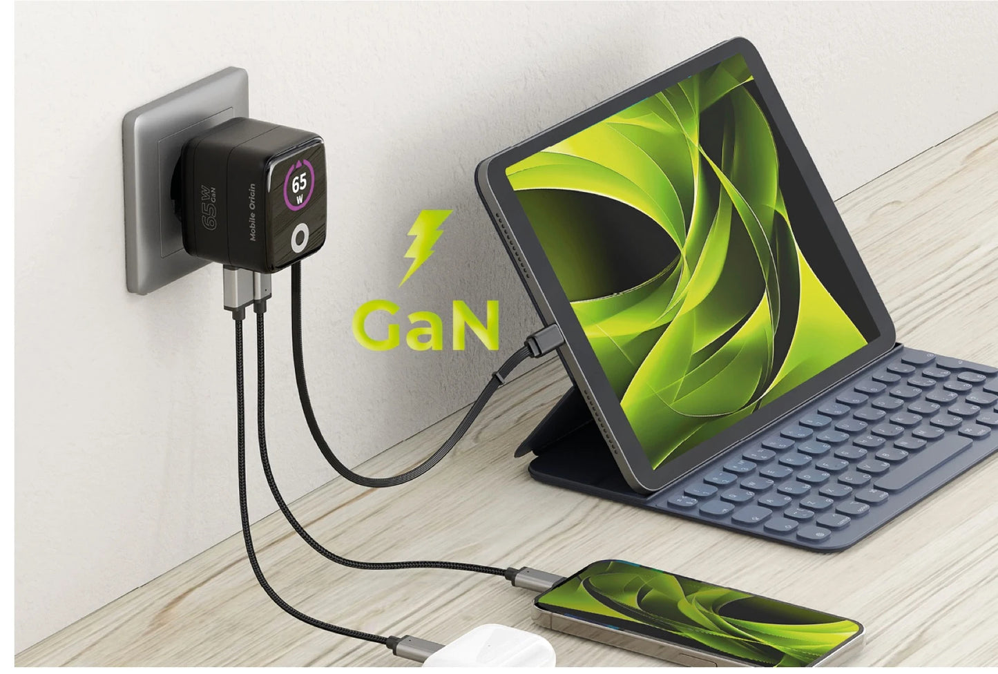 Mobile Origin 65W GaN Charger PW3 USB-C with 65cm cable + USB-A