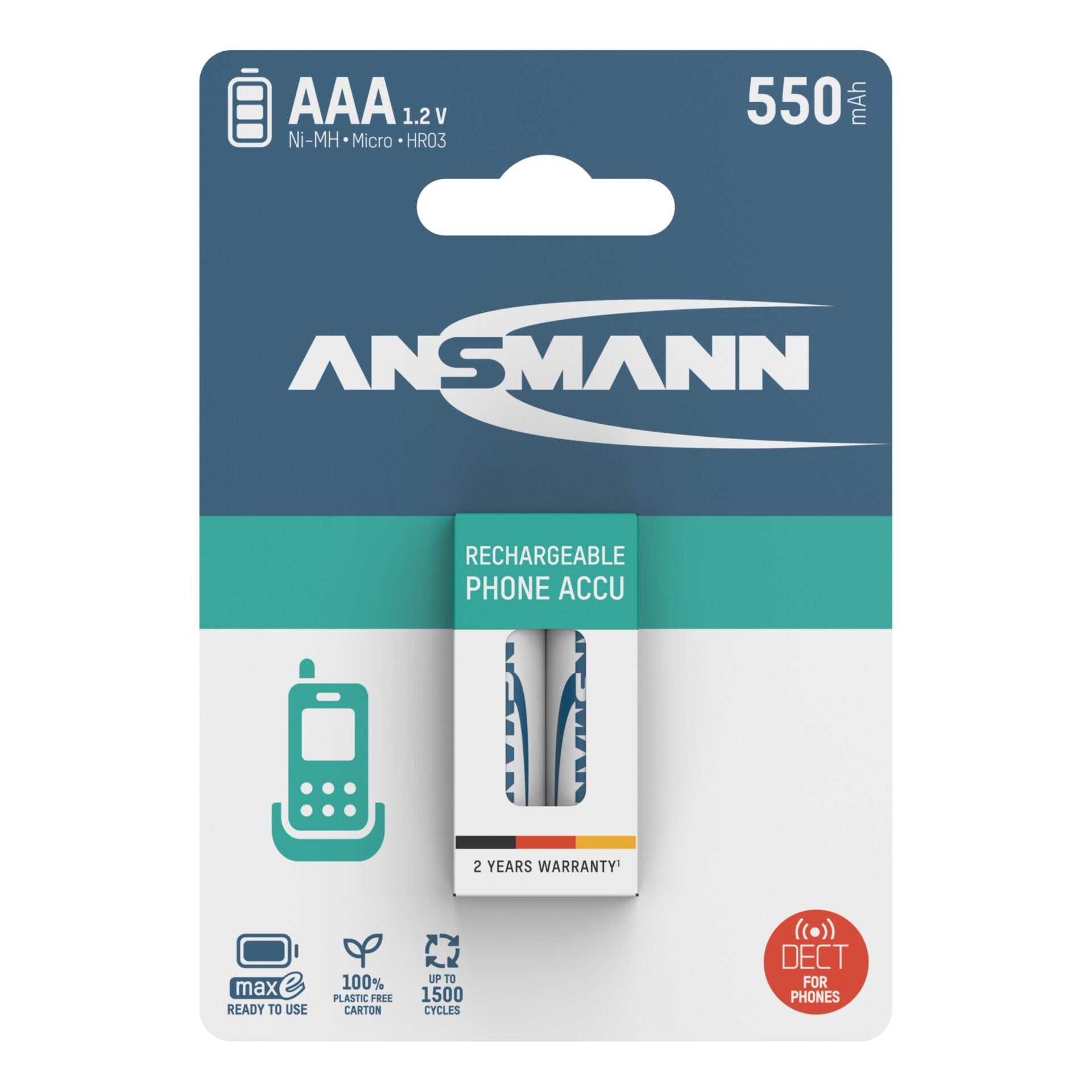 1x2 Ansmann maxE NiMH επαναφορτιζόμενη μπαταρία Micro AAA 550 mAh DECT PHONE