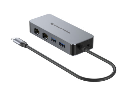 CONCEPTRONIC USB-C to 2x Gigabit Ethernet + 2x USB-A 3.2 Adapter, 5 Gbps, 0.30 m, Gray