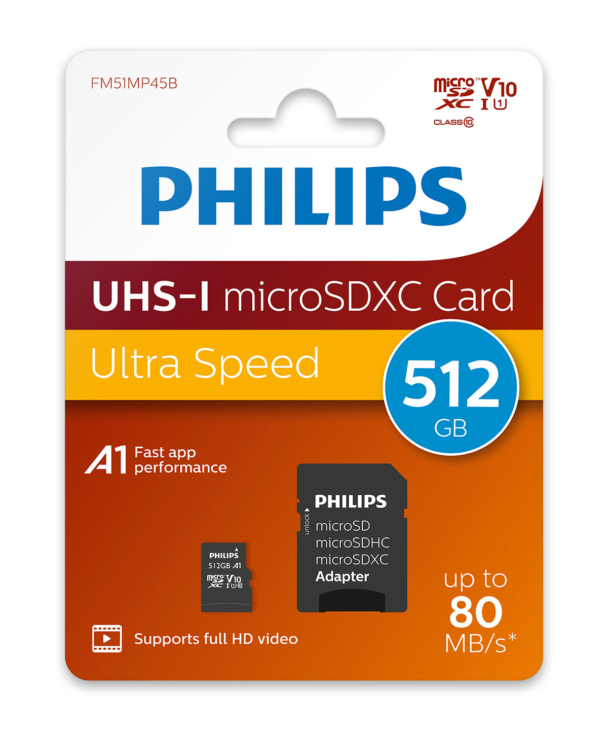 Philips MicroSDXC Card     512GB Class 10 UHS-I U1 incl, Adapter