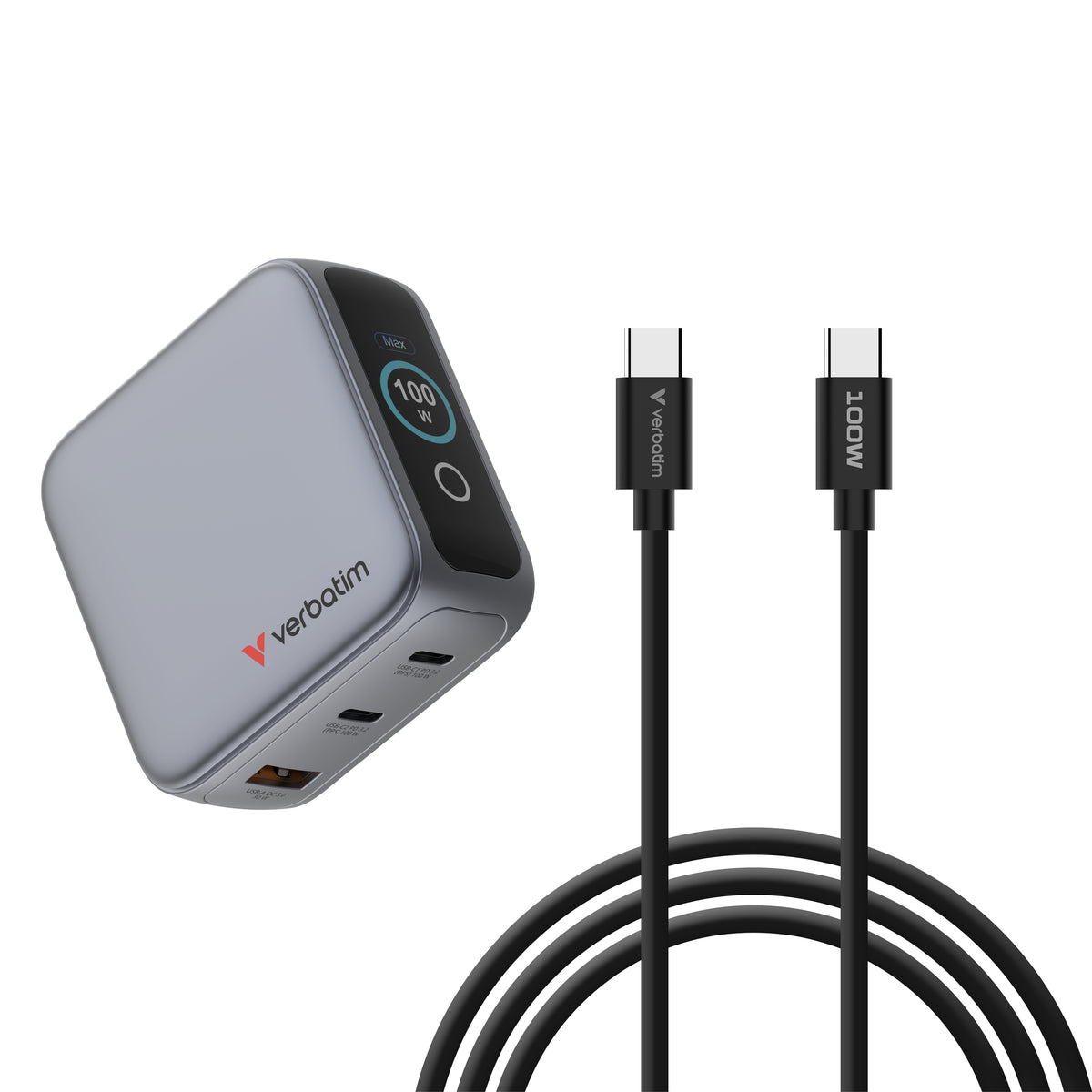 Verbatim Mini GaN Charger 100W with Display 2xUSB-C +1xA 30239