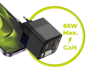 Mobile Origin 65W GaN Charger with USB-C retractable cable + USB-A 75cm