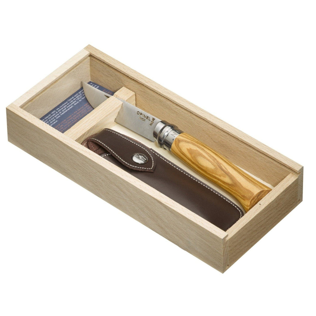 Opinel No. 08 Pocket Knife with Olive Wood Handle and Sheath in Pencil Box