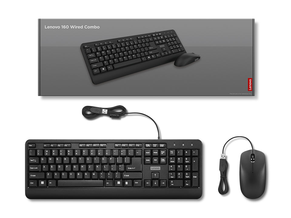 Lenovo 160 Keyboard with Mouse Included, USB, US English Layout, Black, for Home and Office Use