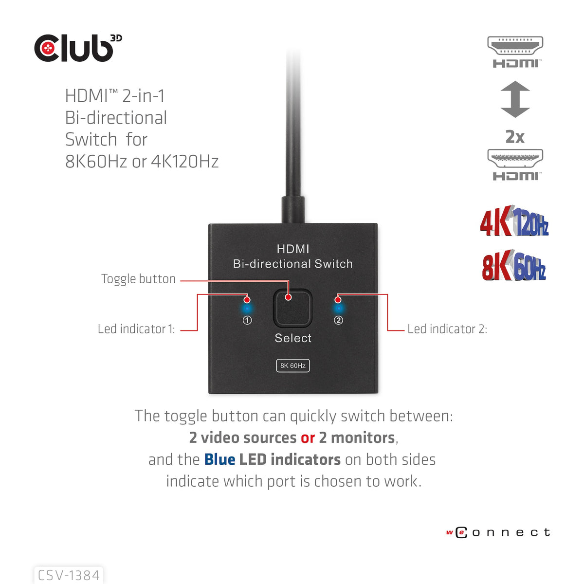 Club3D HDMI Switch 2-in-1 bidirektional   8K60Hz/4K120Hz UHD retail