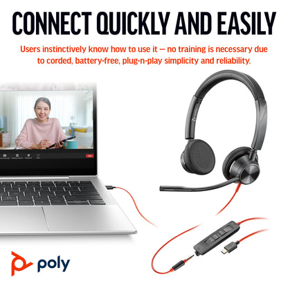 Poly Headset Blackwire 3325 Stereo USB-C + 3.5mm + USB C/A-A