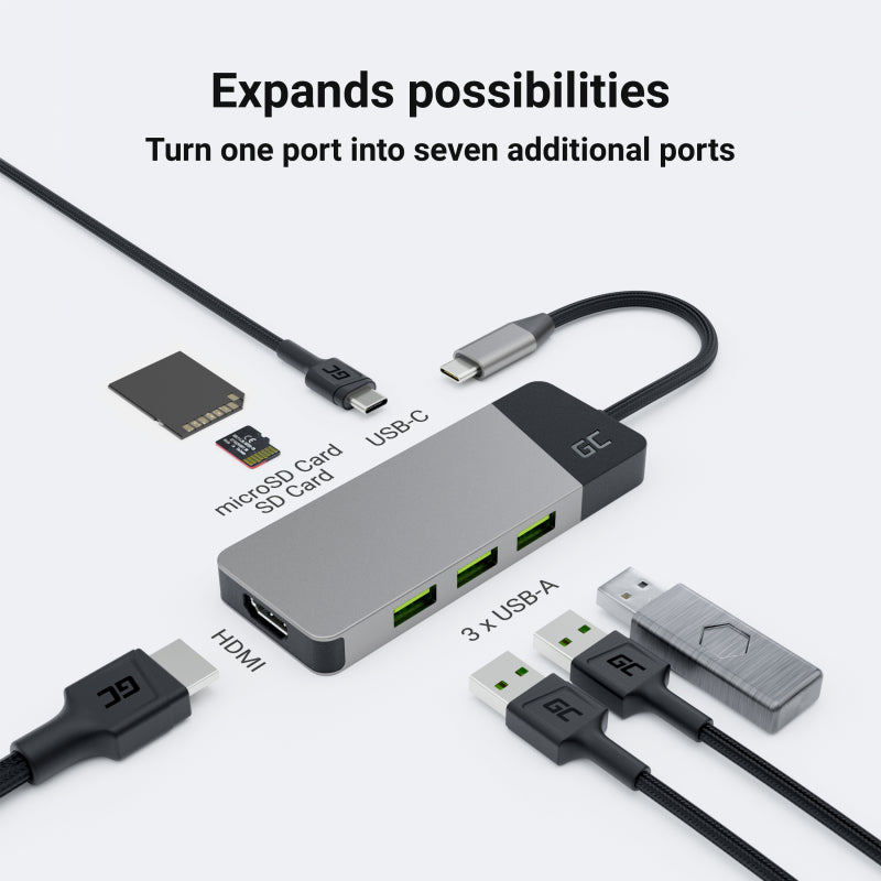 GREEN CELL HUB USB-C ADAPTER GC CONNECT 7W1 (3XUSB 3.1, HDMI 4K 60HZ, USB-C PD 85W, MICROSD/SD)