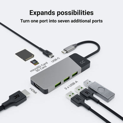 GREEN CELL HUB USB-C ADAPTER GC CONNECT 7W1 (3XUSB 3.1, HDMI 4K 60HZ, USB-C PD 85W, MICROSD/SD)