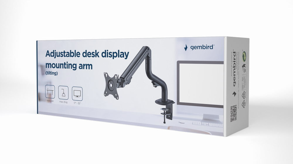 Gembird MA-DA1-02 Adjustable Desk Display Mounting Arm (Tilting), 17"–32", up to 8 kg