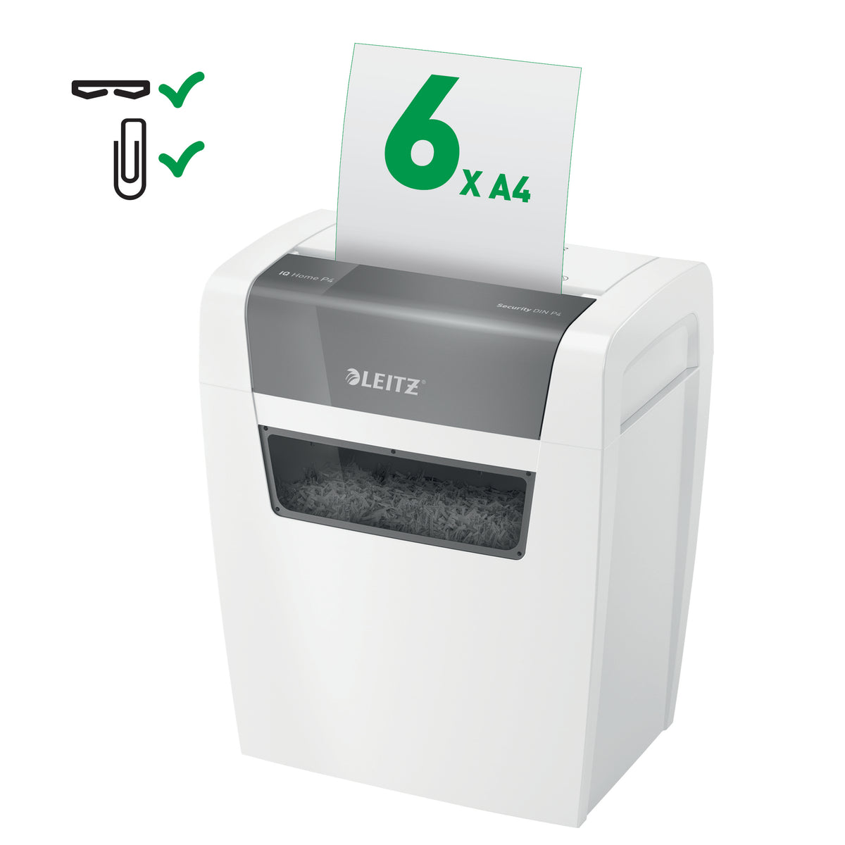 Καταστροφέας εγγράφων Leitz IQ Home, P4, 6 φύλλα, κάδος απορριμμάτων 15 λίτρων