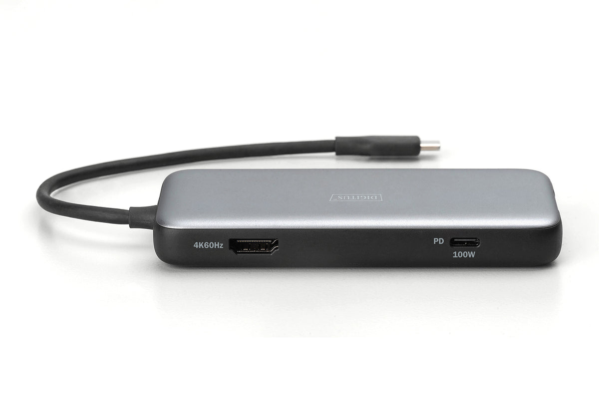DIGITUS USB-C Docking Hub — HDMI, USB 3.2, RJ45, SD & MicroSD, PD, Aluminum (Silver)