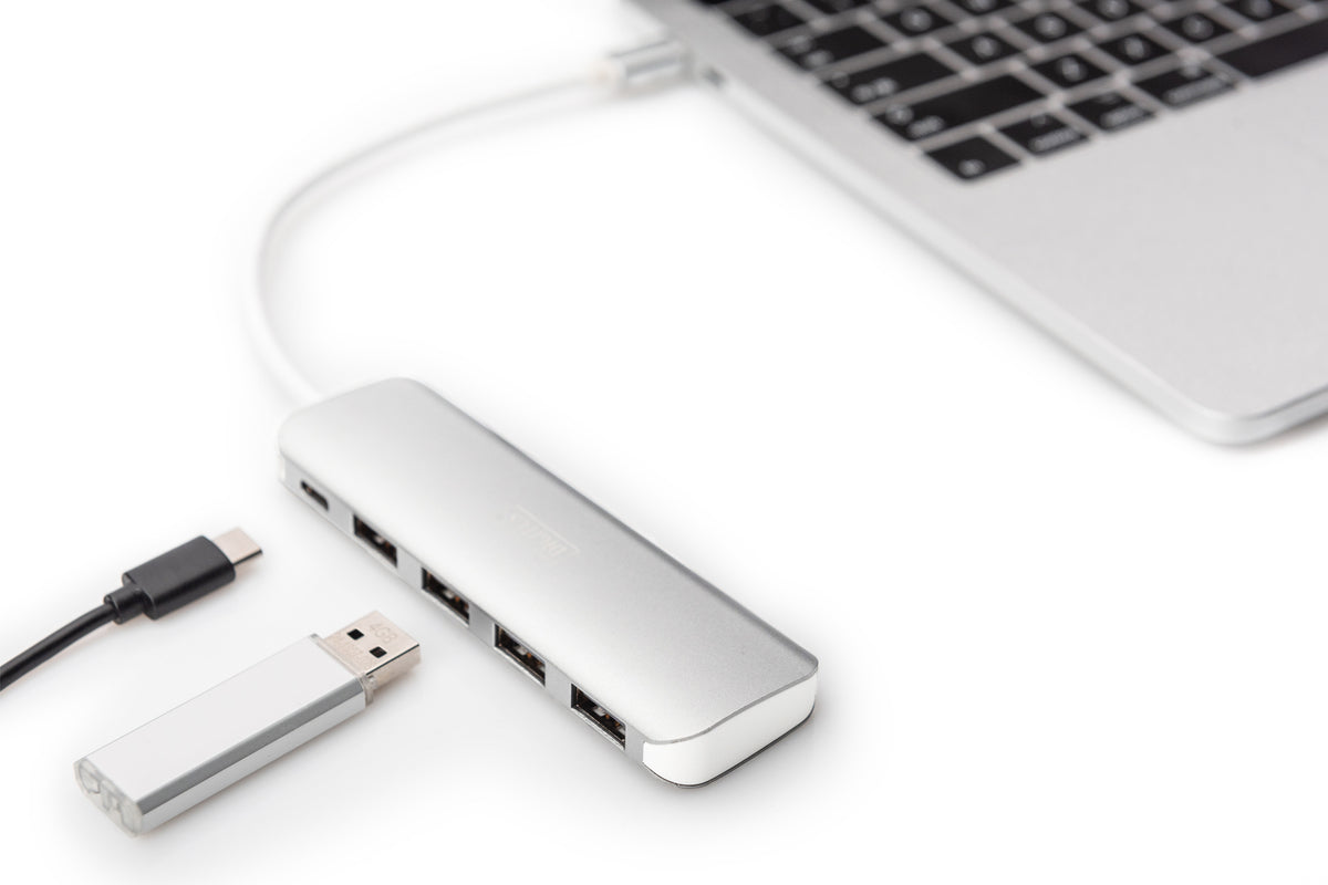 DIGITUS USB-C-Hub  4-Port 3.0->4xA3.0 1xC-PD intgr.Kabel wei