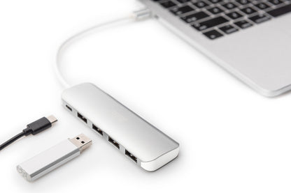 DIGITUS USB-C-Hub  4-Port 3.0->4xA3.0 1xC-PD intgr.Kabel wei