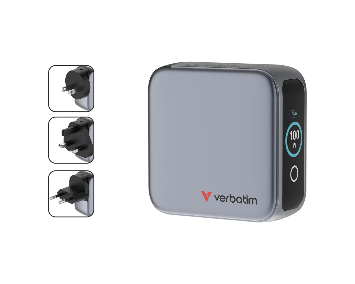 Verbatim Mini GaN Charger 100W with Display 2xUSB-C +1xA 30239