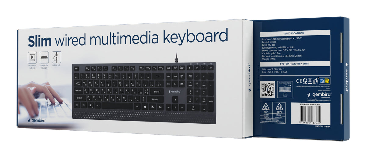 Gembird KB-MCH-06-CYRL Slim wired multimedia keyboard with Type-C adapter, Cyrillic layout, black