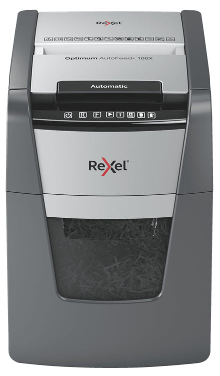 Αυτόματος καταστροφέας εγγράφων Rexel AutoFeed+ 100X, κλάση P-4, τεμαχισμός σε μικρά τετράγωνα (4x28 χιλ.), χωρητικότητα 100 φύλλα, κάδος 34 λίτρων
