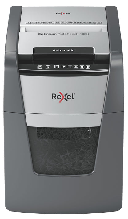 Αυτόματος καταστροφέας εγγράφων Rexel AutoFeed+ 100X, κλάση P-4, τεμαχισμός σε μικρά τετράγωνα (4x28 χιλ.), χωρητικότητα 100 φύλλα, κάδος 34 λίτρων