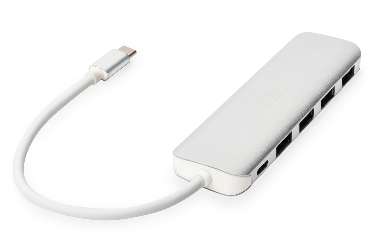 DIGITUS USB-C-Hub  4-Port 3.0->4xA3.0 1xC-PD intgr.Kabel wei