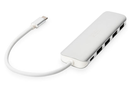DIGITUS USB-C-Hub  4-Port 3.0->4xA3.0 1xC-PD intgr.Kabel wei