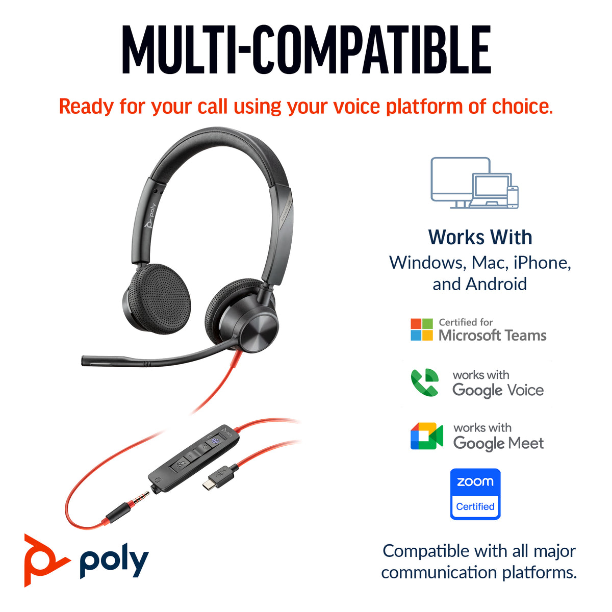 Poly Headset Blackwire 3325 Stereo USB-C + 3.5mm + USB C/A-A