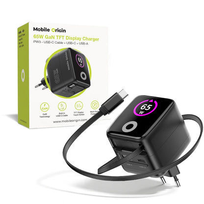 Mobile Origin 65W GaN Charger PW3 USB-C with 65cm cable + USB-A